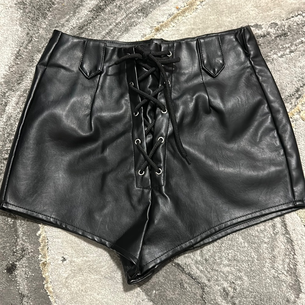 Black Faux Leather Lace Up Shorts